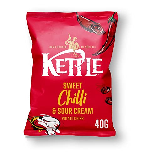 Kettle Hand cooked Crisps Premier Potato Chips Light salted Cheddar & Red Onion Sea Salt & Vinegar Black Pepper and Sweet Chilli Sour Cream 40g x 18 Packs