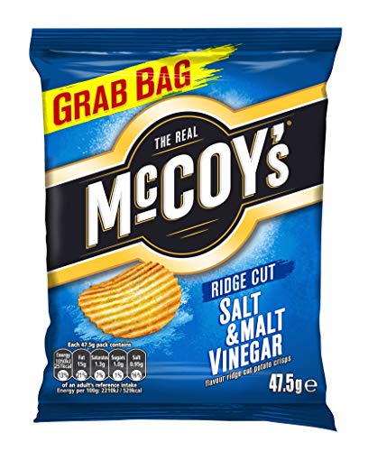 McCoy's Ridge Cut Crisps, Multipack Box of Flavoured Potato Crisp Snacks, 36 x 47.5g – Salt & Malt Vinegar