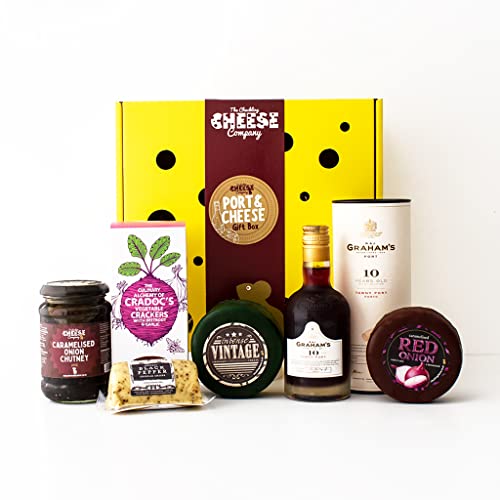 Cheese and Port Gift Box. The Ultimate Port Gift Set for Food Gifts for Men and Women to Enjoy. Perfect for Birthday Hampers for Women and Men. Delicious Unusual Gifts. The Chuckling Cheese Company.