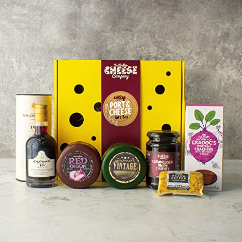Cheese and Port Gift Box. The Ultimate Port Gift Set for Food Gifts for Men and Women to Enjoy. Perfect for Birthday Hampers for Women and Men. Delicious Unusual Gifts. The Chuckling Cheese Company.