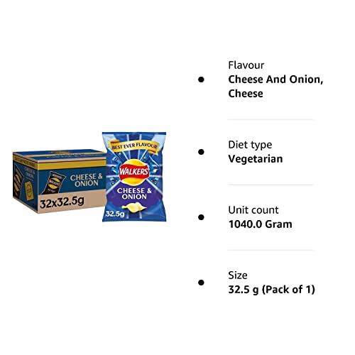 Walkers Cheese and Onion Crisps Multi-Pack Box, 32.5 g, Case of 32