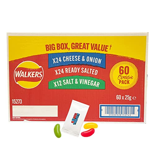 Walkers Crisps Walkers Classic Box Crisps Pack Of 60 x 25g - 24 x Cheese Onion, 24 x Ready Salted, 12 x Salt & Vinegar 3 Different Flavours Boxed Treatz