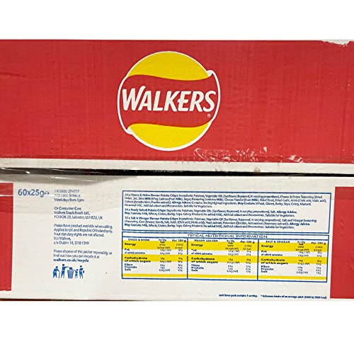 Walkers Crisps Walkers Classic Box Crisps Pack Of 60 x 25g - 24 x Cheese Onion, 24 x Ready Salted, 12 x Salt & Vinegar 3 Different Flavours Boxed Treatz