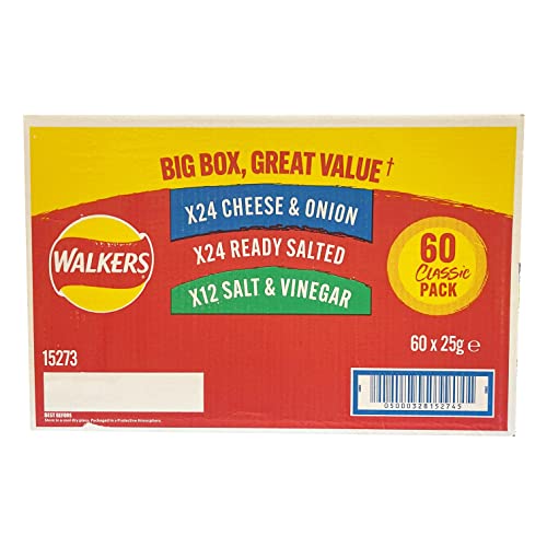 Walkers Crisps Walkers Classic Box Crisps Pack Of 60 x 25g - 24 x Cheese Onion, 24 x Ready Salted, 12 x Salt & Vinegar 3 Different Flavours Boxed Treatz