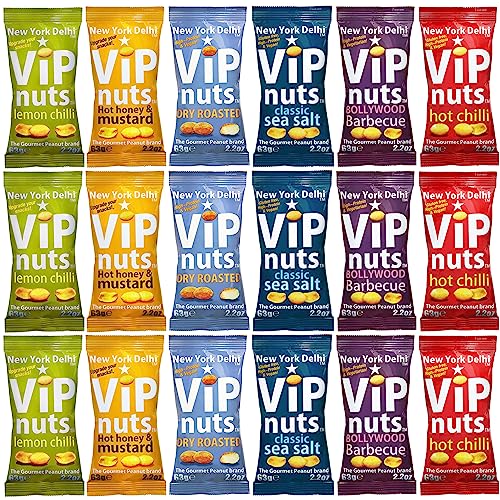 New York Delhi ViPnuts, Selection Box (18 x 63g) 6 Flavours, Hot and Lemon Chilli, BBQ, Honey and Mustard, Classic and Dry Roasted Flavoured Peanut, High Protein. 3 x 63g of Each Flavour. 18 Packs