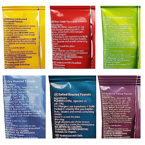 New York Delhi ViPnuts, Selection Box (18 x 63g) 6 Flavours, Hot and Lemon Chilli, BBQ, Honey and Mustard, Classic and Dry Roasted Flavoured Peanut, High Protein. 3 x 63g of Each Flavour. 18 Packs