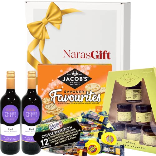 Naras Wine and Cheese Hamper Gifts- 2x Red Wine, Crackers, Ilchester Cheese and Chutney Gift Set - Food Hampers & Gourmet Gifts, Red Wine Gift Set, Birthday Hampers for Men, Couples, Teachers Gifts
