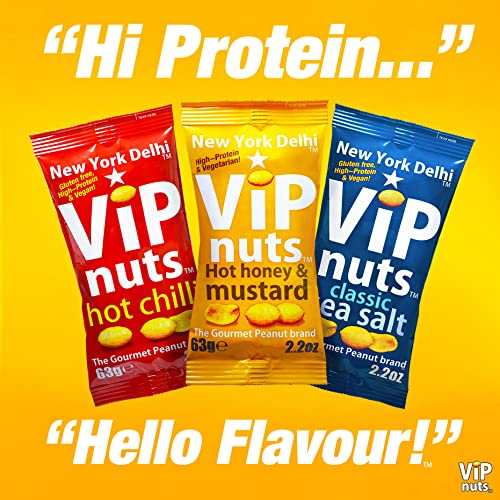 New York Delhi ViPnuts, Selection Box (18 x 63g) 6 Flavours, Hot and Lemon Chilli, BBQ, Honey and Mustard, Classic and Dry Roasted Flavoured Peanut, High Protein. 3 x 63g of Each Flavour. 18 Packs