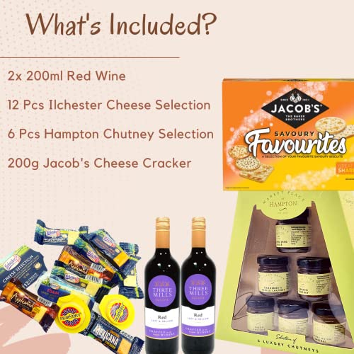 Naras Wine and Cheese Hamper Gifts- 2x Red Wine, Crackers, Ilchester Cheese and Chutney Gift Set - Food Hampers & Gourmet Gifts, Red Wine Gift Set, Birthday Hampers for Men, Couples, Teachers Gifts