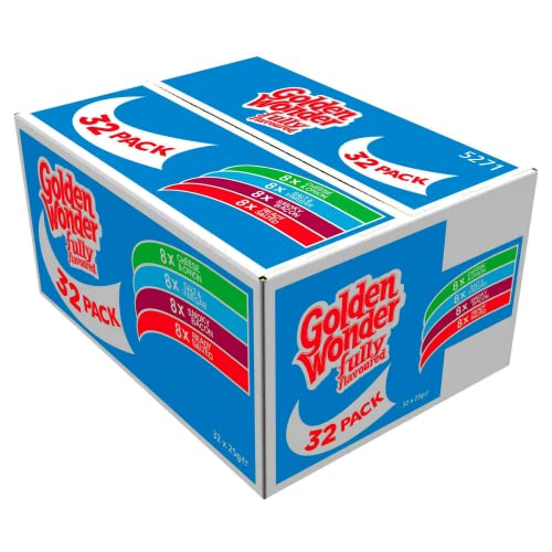 Golden Wonder Fully Flavoured Blue Box Cheese and Onion Salt and Vinegar Smoky Bacon Ready Salted 32pkx25g, 1.15 kilograms