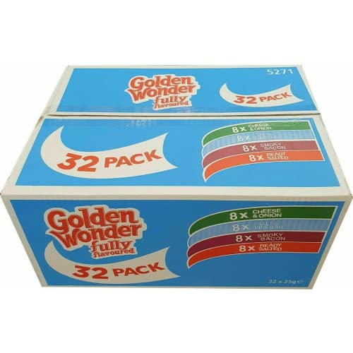 Golden Wonder Fully Flavoured Blue Box Cheese and Onion Salt and Vinegar Smoky Bacon Ready Salted 32pkx25g, 1.15 kilograms