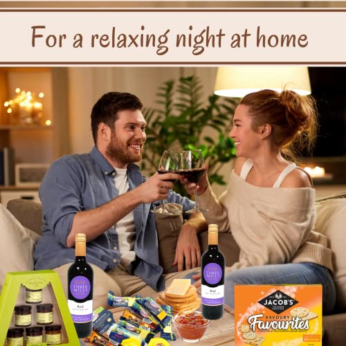 Naras Wine and Cheese Hamper Gifts- 2x Red Wine, Crackers, Ilchester Cheese and Chutney Gift Set - Food Hampers & Gourmet Gifts, Red Wine Gift Set, Birthday Hampers for Men, Couples, Teachers Gifts