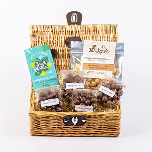 Chocolate Hamper Gift Basket || Real Wicker Hamper || Filled with 6 Different Gourmet Milk Chocolate, Fudge & Popcorn Treats || Unique Chocolate Gift for Men & Women || The Hamper & Gift Co.