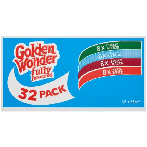 Golden Wonder Fully Flavoured Blue Box Cheese and Onion Salt and Vinegar Smoky Bacon Ready Salted 32pkx25g, 1.15 kilograms