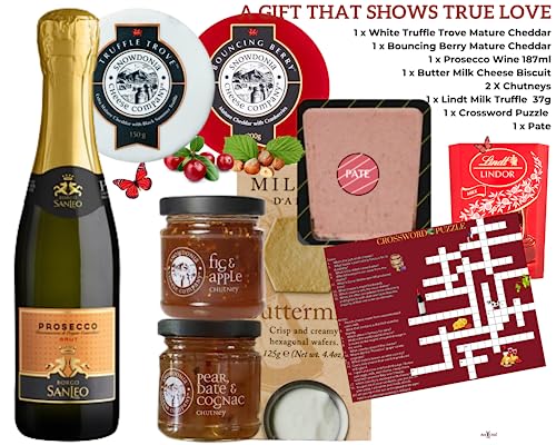 Snowdonia Cheese and Prosecco Wine Gift Set for Women - Cheese Hamper Gift -Award Winning Cheeses,Chutneys, Olives,Pate,Butter Milk Biscuits -Cheese Gift Set for Men and Women-Cheese Themed Crossword