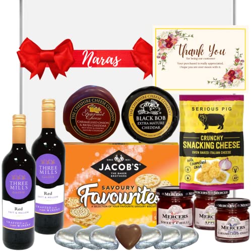 Naras Cheese and Wine Hamper - 2x Red Wine, 200g Award Winning Cheese, Snacking Biscuits Chutney Gift Set Food Hampers & Gourmet Gifts, Set, Birthday for Men, Pack of 9