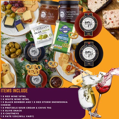 Wine and Cheese Hamper Gift Set - Cheese and Wine Gift Set Includes 2 x Wines| 2 x Award winning Cheese| Pretzels|Olives| 2 x Chutneys| 1 x Pate–Cheese Gifts for Men, Cheese Hamper for Couples