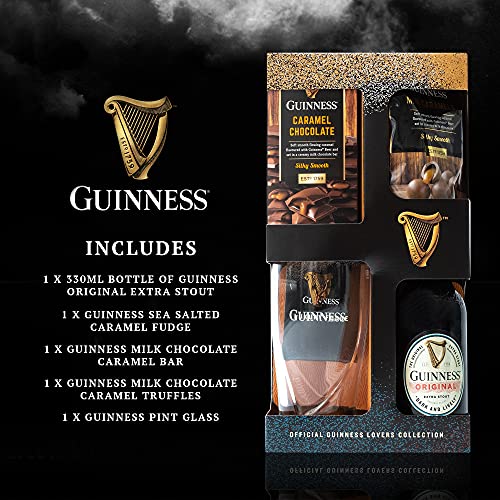 Guinness Gifts, Official Guinness Beer Gift and Chocolate Mens Hamper - 1x Guinness 330ml, Guinness Glass, Milk Chocolate, Caramel Fudge - Christmas Guinness Gifts For Men, Beers Hampers - Irish Gifts