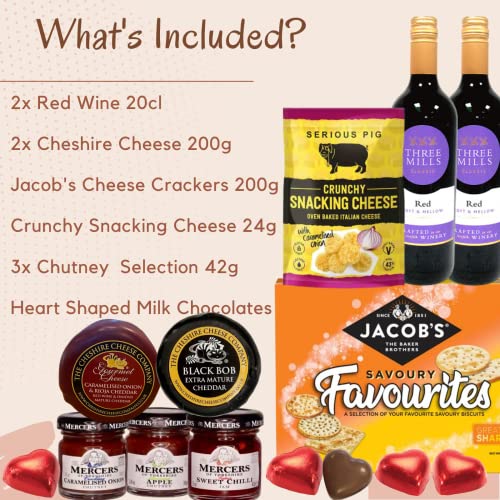 Naras Cheese and Wine Hamper - 2x Red Wine, 200g Award Winning Cheese, Snacking Biscuits Chutney Gift Set Food Hampers & Gourmet Gifts, Set, Birthday for Men, Pack of 9