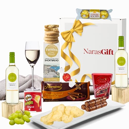 White Wine Gift Set - 2x White Wine and Chocolate Gift Set, Crisps, Biscuits and Wafer Rolls - Wine Hampers for Couples, Birthday Gifts for Women, Wine Gifts for Women