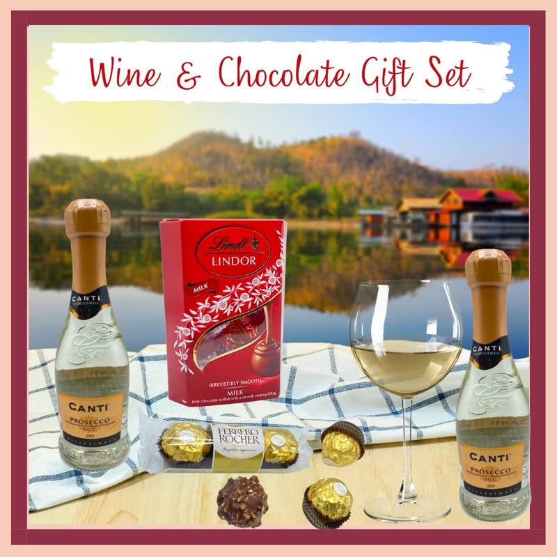 Prosecco Gifts for Women - Prosecco Gift Set, Wine Gift Set, Birthday Hamper for Her - 2x Canti White Wine and Chocolate Gift Set, Border Biscuits, Thorntons Wafer Rolls