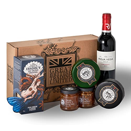 Great British Trading - Cheese, Crackers, Chutney and Wine Gift Hamper with Snowdonia Black Bomber and Green Thunder, Cradocs Sea Salted Crackers, Snowdonia Chutney and Rioja Red Wine