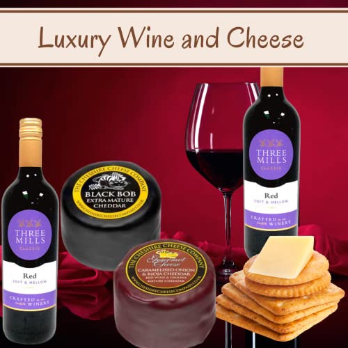 Naras Cheese and Wine Hamper - 2x Red Wine, 200g Award Winning Cheese, Snacking Biscuits Chutney Gift Set Food Hampers & Gourmet Gifts, Set, Birthday for Men, Pack of 9
