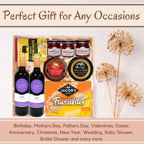 Naras Cheese and Wine Hamper - 2x Red Wine, 200g Award Winning Cheese, Snacking Biscuits Chutney Gift Set Food Hampers & Gourmet Gifts, Set, Birthday for Men, Pack of 9