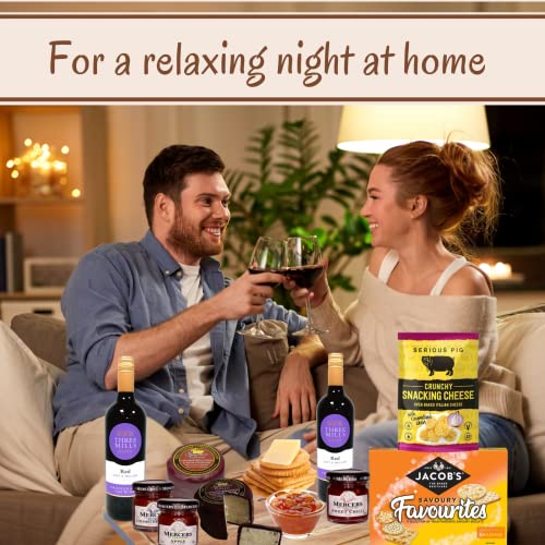 Naras Cheese and Wine Hamper - 2x Red Wine, 200g Award Winning Cheese, Snacking Biscuits Chutney Gift Set Food Hampers & Gourmet Gifts, Set, Birthday for Men, Pack of 9