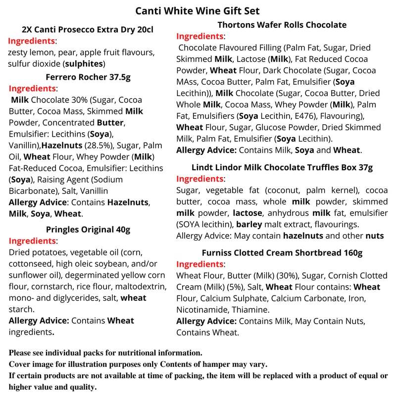 Prosecco Gifts for Women - Prosecco Gift Set, Wine Gift Set, Birthday Hamper for Her - 2x Canti White Wine and Chocolate Gift Set, Border Biscuits, Thorntons Wafer Rolls