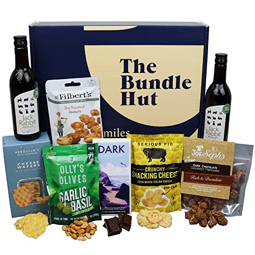 Red Wine, Chocolate and Snacks Gift Set Hamper Box from The Bundle Hut - Includes 2 Red Wine Bottles, Popcorn, Olives, Snacking Cheese, Chocolate & more - Gift for Men & Women (Blue Box)