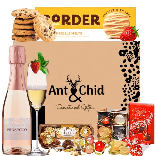 Prosecco Pink Rose Wine with Assorted Chocolates Hamper Bundle Gift - Ideal Christmas Giftset for Women