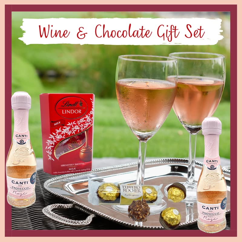 Canti Prosecco Gift Set - 2x Canti Prosecco Rose Wine, Chocolates, Biscuits, Wafer Rolls - Prosecco Gifts for Women, Alcohol Gift Hampers for Couples, Birthday Hampers for Women, Teachers Gifts