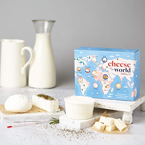 Cheese of The World Making Kit - 10 Cheese - Thermometer Included - Make Your own Mozzarella, Halloumi, Burrata, Paneer, Queso Blanco, Ricotta, Mascarpone, Cheese Curds, Chevre and Cottage Cheese