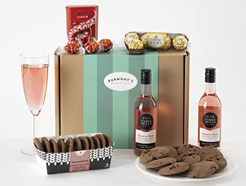 Rosé Wine & Chocolate Hamper - Two Small Rose Wines, Lindt Lindor Chocolates, Ferrero Rocher & Premium Chocolate Chip Biscuits - Hamper Exclusive To Burmont's