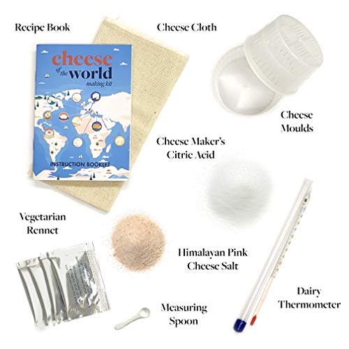 Cheese of The World Making Kit - 10 Cheese - Thermometer Included - Make Your own Mozzarella, Halloumi, Burrata, Paneer, Queso Blanco, Ricotta, Mascarpone, Cheese Curds, Chevre and Cottage Cheese