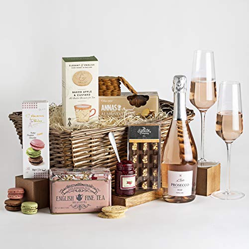 Celebration Prosecco Gift Hamper - Prosecco Gift Set - Elegant Biscuits, Premium English Tea, Macarons, Artisan Chocolates & Biscuits | Prosecco Gifts For Women, Hampers For Women, Gifts For Couples.