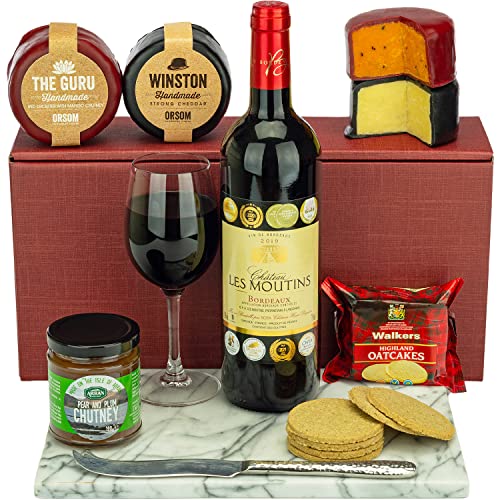 Red Wine and Cheese Hamper - Includes a hand picked bottle of Award Winning Bourdeaux, a duo of Cheese Truckles, Pear and Plum Chutney and Oatcakes all presented in a Luxury Gift Box