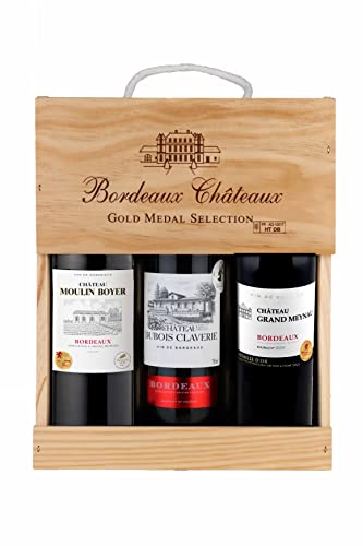 Selection Bordeaux - Gift box 3 Red Wines with gold medal in wooden case - Ideal to offer - Origin : Bordeaux, France (3 x 0.75 l)