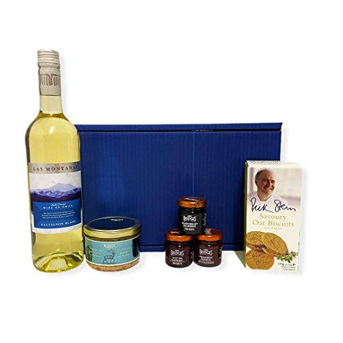 75cl Las Montanas White Wine and Nibbles Presented in a Blue Gift Box Food Hamper - Gift Ideas for Mum, Mothers Day, Birthday, Anniversary, Dad, Fathers Day, him, her, Business gifts, Corporate, Congratulations
