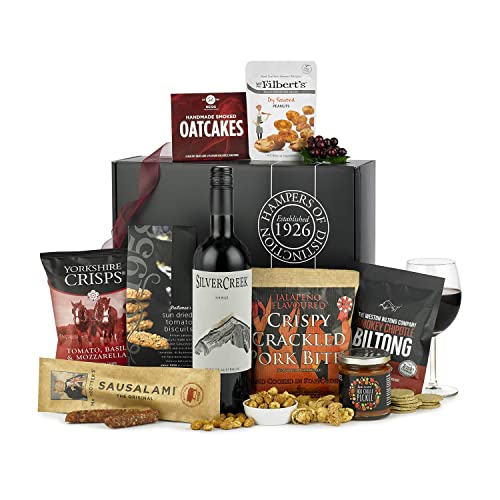 Thornton & France Savoury Gift Box Luxury Food Hamper With Red Wine | Silver Creek Shiraz Red Wine | Ideal For Sharing | 9 Delicious Items