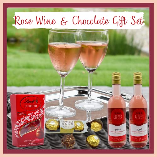 Rose Wine Gift Set - 2x Rose Wine and Chocolate Gift Set, Crisps, Biscuits and Wafer Rolls - Wine Gifts for Women, Alcohol Hampers for Couples, Birthday Gifts for Her, Wine Hamper for Men Women