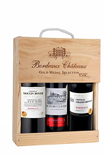 Selection Bordeaux - Gift box 3 Red Wines with gold medal in wooden case - Ideal to offer - Origin : Bordeaux, France (3 x 0.75 l)