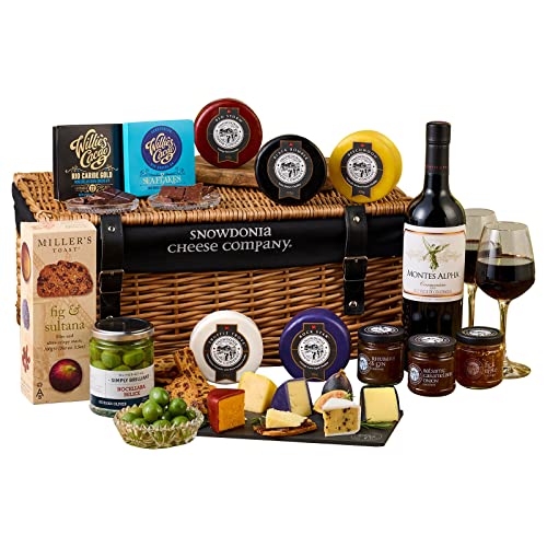 Snowdonia Cheese Company | Cheese Selection & Wine Wicker Hamper | 5 Luxury Cheeses, 3 Snowdonia Crafted Chutneys, Sicilian Olives, Fig & Sultana Toast, Chocolate, Wine & Slate Board
