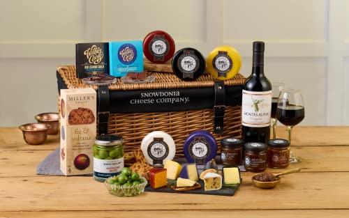 Snowdonia Cheese Company | Cheese Selection & Wine Wicker Hamper | 5 Luxury Cheeses, 3 Snowdonia Crafted Chutneys, Sicilian Olives, Fig & Sultana Toast, Chocolate, Wine & Slate Board