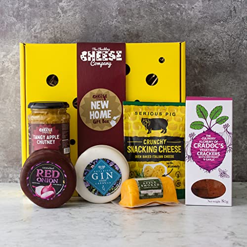 New Home Housewarming Cheese Gift Box. A Delicious Gourmet Hamper Box, Packed Full of Delicious Savoury Snacks. The Gift to Give for Housewarming Presents. The Chuckling Cheese Company.