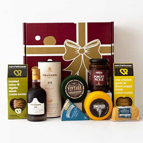 Port and Cheese Gift Hamper - The Ultimate Port Gift Set. Port & Cheese Board Selection Box. Unusual Gifts. Gift Hampers for Couples to Enjoy. The Chuckling Cheese Company.