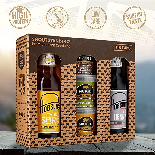 Mr Tubs Premium Pork Crackling & Beer Gift Set - 3 x Crackling Flavour Tubs & 2 x 500ml Beer - Pork Scratchings Meat Snack with Real Ale (Twisted Spire & Old Henry), from Award-Winning UK Brewery