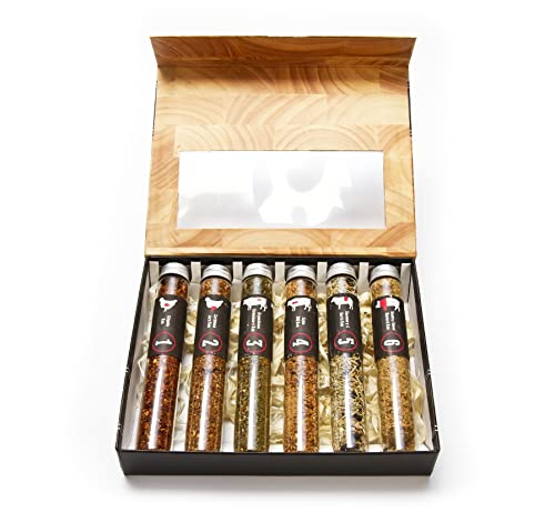 eat.art Butchers Block – Man Size Spice Gift Set XL Tubes – 6 Meat BBQ Rubs – Argentinian Chimichurri - Caribbean Jerk - Sweet Mustard – Chipotle - Cajun BBQ -Rosemary Garlic Rub – Food Cooking Gift