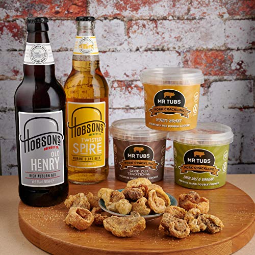 Mr Tubs Premium Pork Crackling & Beer Gift Set - 3 x Crackling Flavour Tubs & 2 x 500ml Beer - Pork Scratchings Meat Snack with Real Ale (Twisted Spire & Old Henry), from Award-Winning UK Brewery